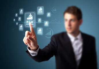 Businessman pressing virtual promotion and shipping type of icon