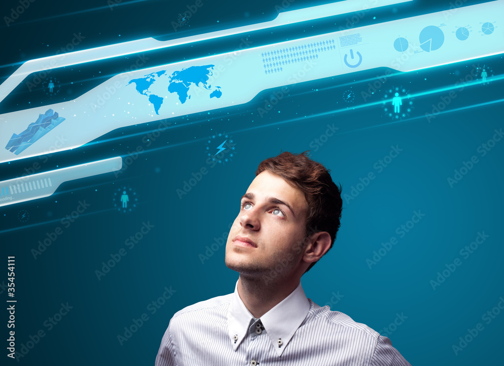 Poster businessman pressing high tech type of modern buttons