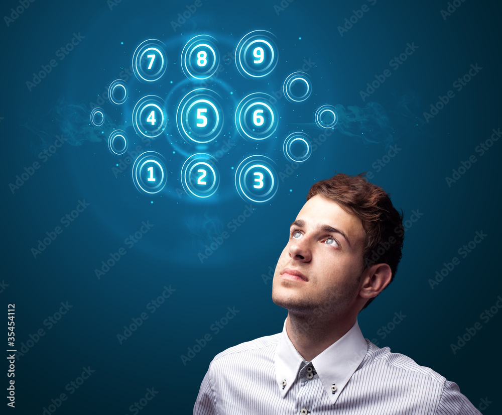 Poster businessman pressing high tech type of modern buttons