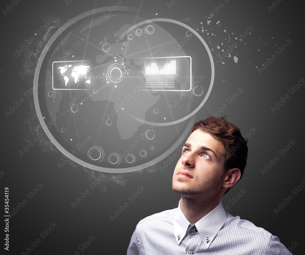 Poster businessman pressing high tech type of modern buttons