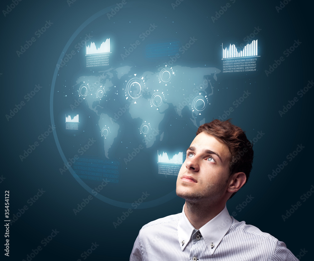 Poster businessman pressing high tech type of modern buttons