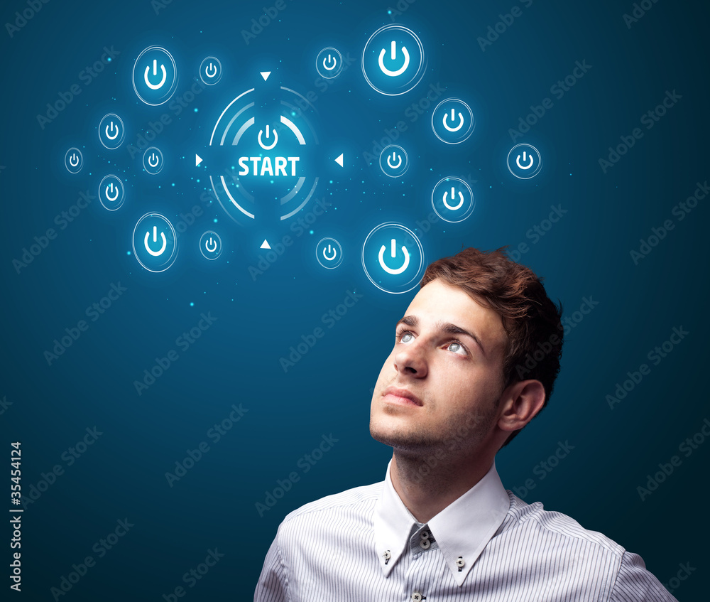 Poster businessman pressing simple type of start buttons