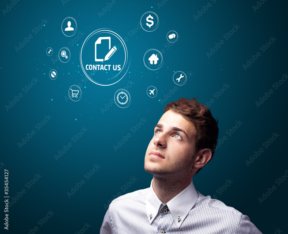 Poster businessman pressing virtual messaging type of icons