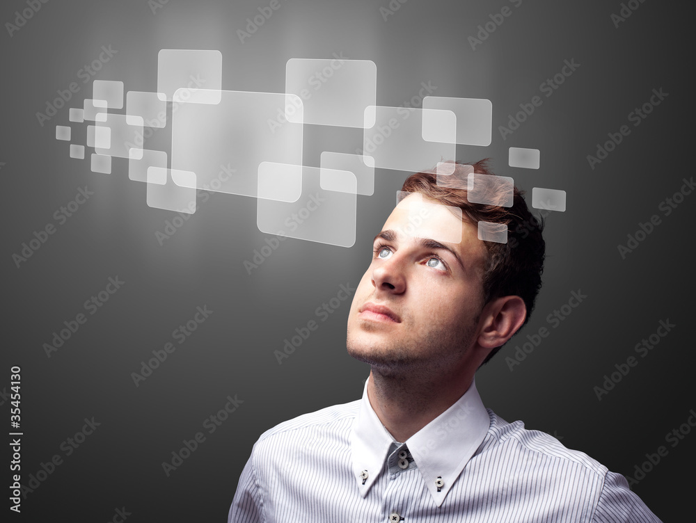 Poster businessman pressing high tech type of modern buttons