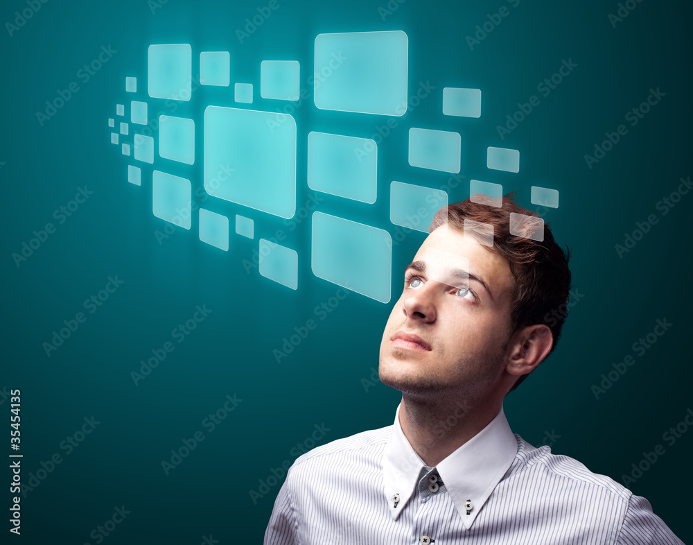 Poster businessman pressing high tech type of modern buttons