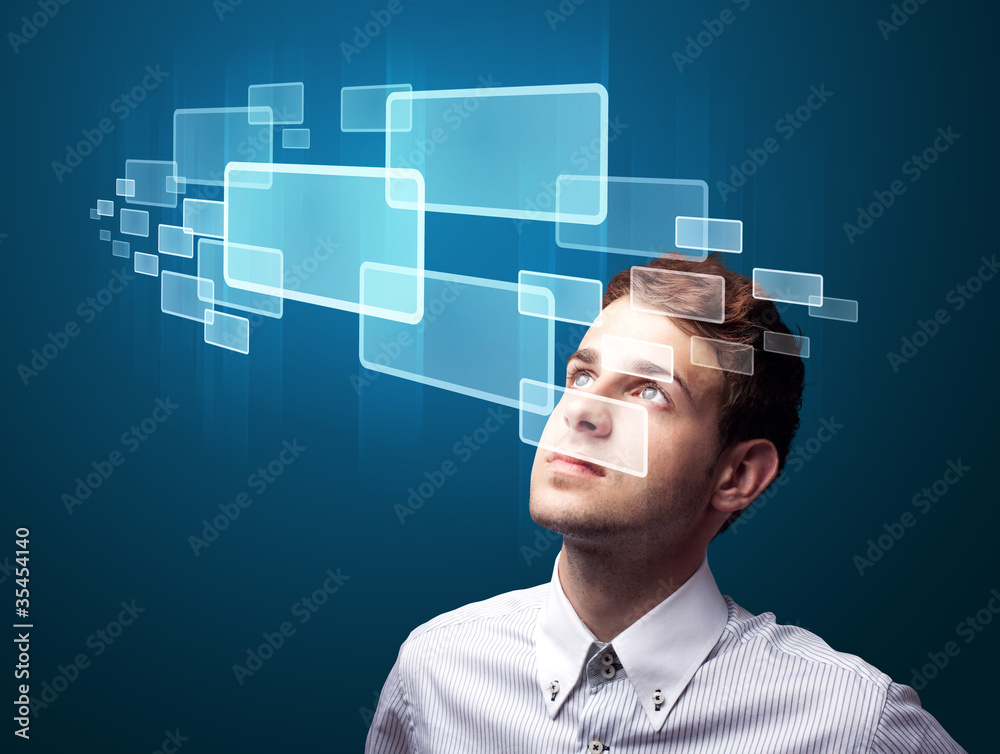 Poster businessman pressing high tech type of modern buttons