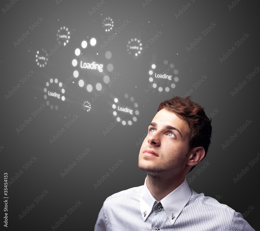 Poster businessman pressing simple type of start buttons