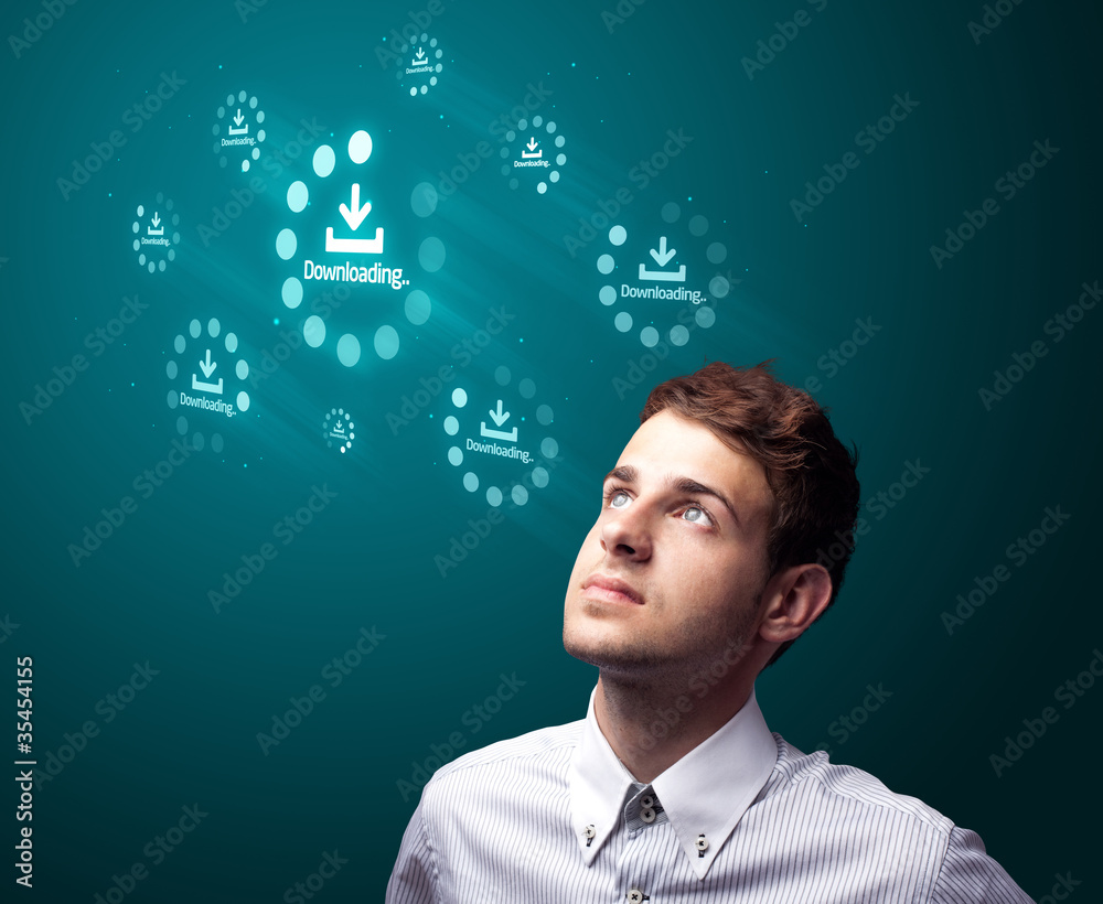 Poster businessman pressing simple type of start buttons