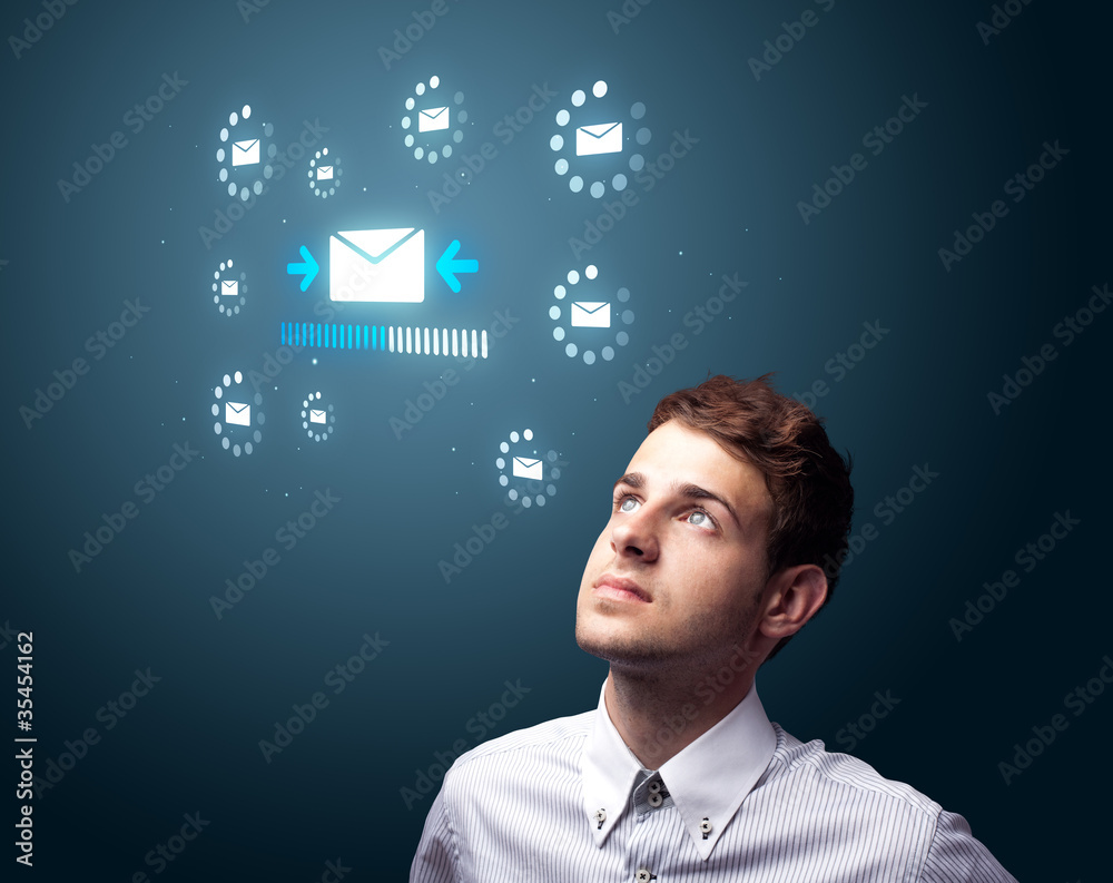 Poster businessman pressing virtual messaging type of icons