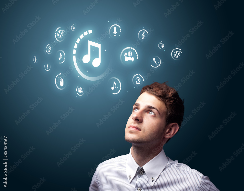 Poster businessman pressing virtual media type of buttons