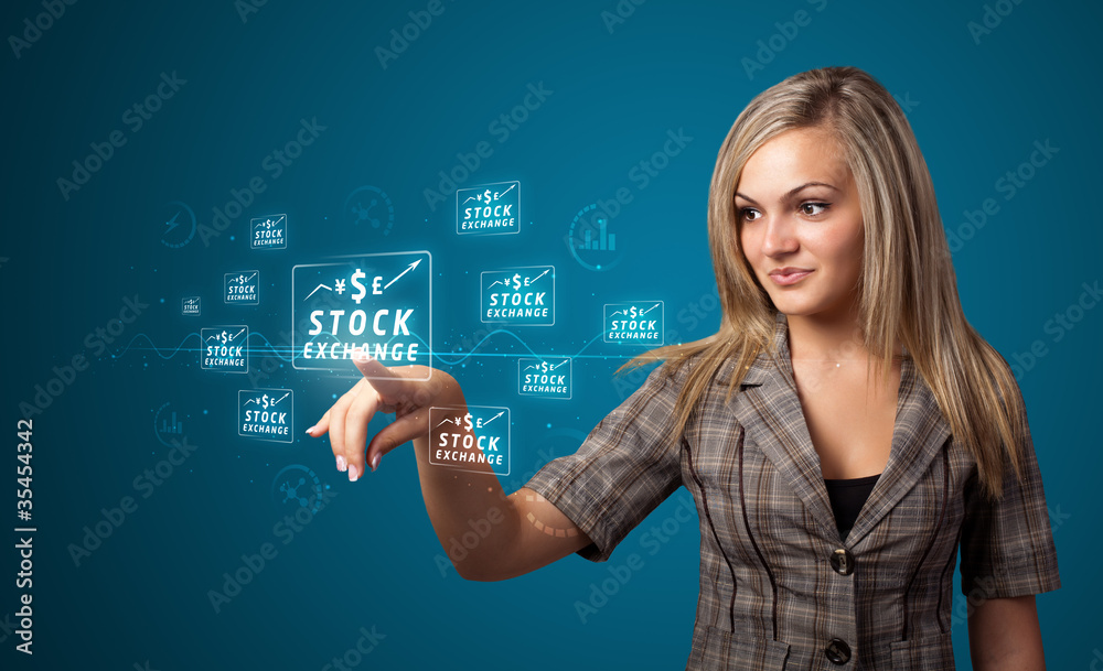 Wall mural businesswoman pressing modern business type of buttons