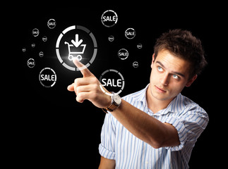 Businessman pressing virtual promotion and shipping type of icon