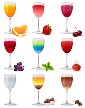 Different cocktails and juices on white