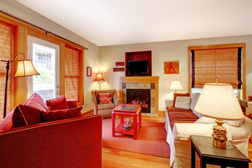 Cozy living room with red sofa and fireplace