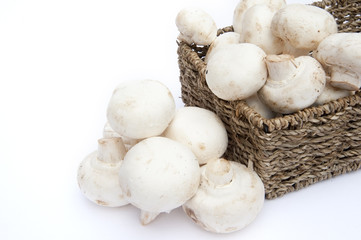 Fresh champignon mushrooms in rustic basket isolated on white