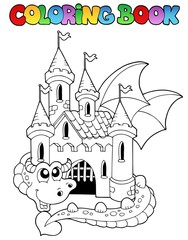 Château de livre de coloriage et grand dragon