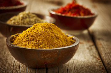 Spices Curry, Saffron, Turmeric - obrazy, fototapety, plakaty