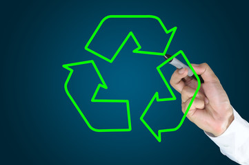Hand of business man write recycle sign or symbol