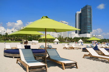 Miami South Beach Lounge Chairs and Umbrellas