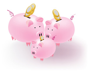 Piggy bank with coins on a white background.