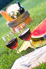 red wine and picnic on the grass
