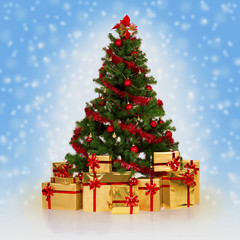 Christmas fir tree and gifts over blue background.