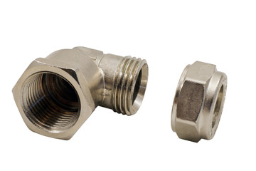 Pipe plumbing elbow with detached washer on white