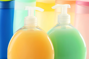 Plastic bottles of body care and beauty products