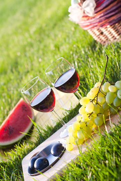 picnic  with red wine on the grass