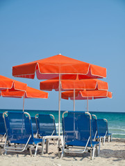 Sunbeds and umbrellas at Golden Beach Thasos Greece