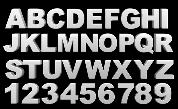 Silver full 3d alphabet with numerals.On a black background