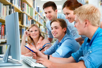 group of students in a college library