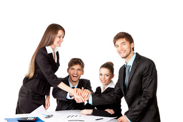 positive smile young business people handshake white background