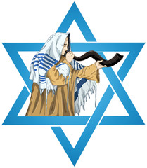 Star Of David Rabbi With Talit Blows The Shofar - 35498180