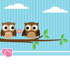 Background with couple of owls sitting on branch