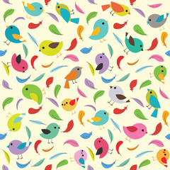 Seamless pattern with colorful feathers and birds.