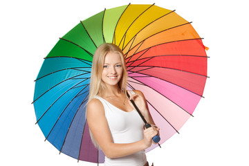 Beautiful blond female under umbrella over white