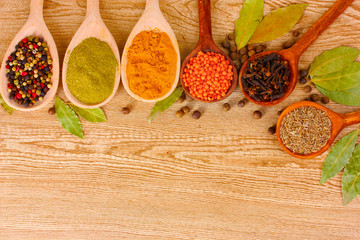 spices in the spoons on wooden background
