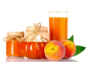 tasty jam, juice and peach isolated on white