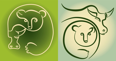 stock market: bull and bear, line icons