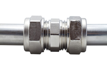 Water pipe plumbing union closeup isolated on white