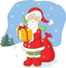 Santa Claus with Christmas present. Artistic vector illustration