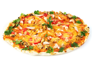Delicious pizza with seafood  isolated on white