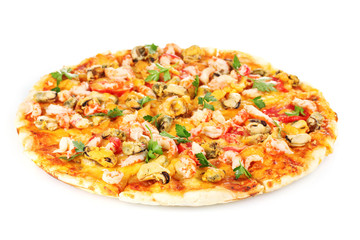 Delicious pizza with seafood  isolated on white