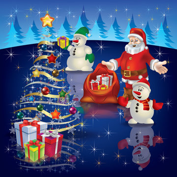 Christmas greeting with Santa and tree