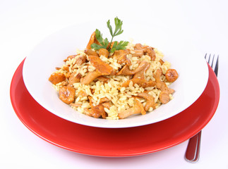 Risotto with mushrooms with parsley and a fork