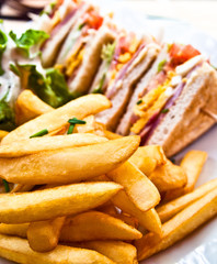 Sandwich with chicken, cheese and golden French fries potatoes