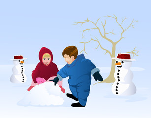 boy and girl playing snow