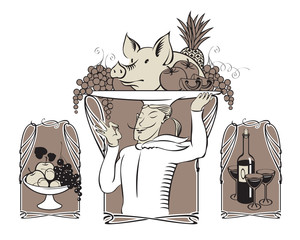 cook with a tray of food on his head