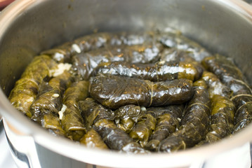 Turkish meal, stuffed grape leaves, rice and spices